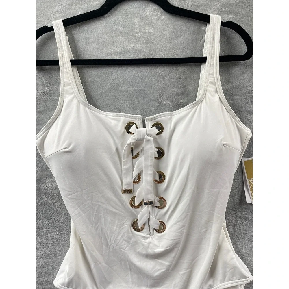 Michael Kors One Piece Swimsuit Women White NWT Lace Up Grommet Sz 16 $